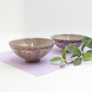 京焼　組飯碗　紫彩華紋