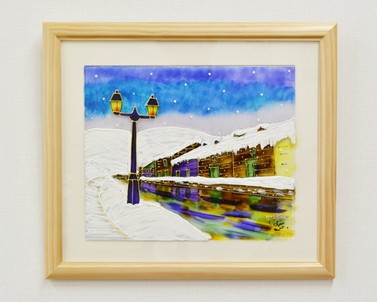 手描きガラス絵　雪の小樽運河