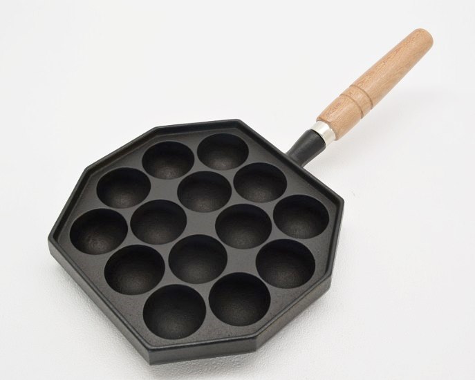 岩手南部鉄器　たこ焼き器　14穴　木柄付　全体