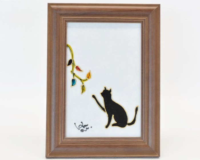 木村　由紀子作　ガラス絵　猫シリーズ　しんみり猫と葉っぱ