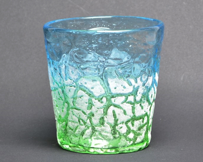 稲嶺盛一郎作(琉球ガラス工房　絆)　琉球ガラス　ロックグラス　アイスカット　水/緑　正面